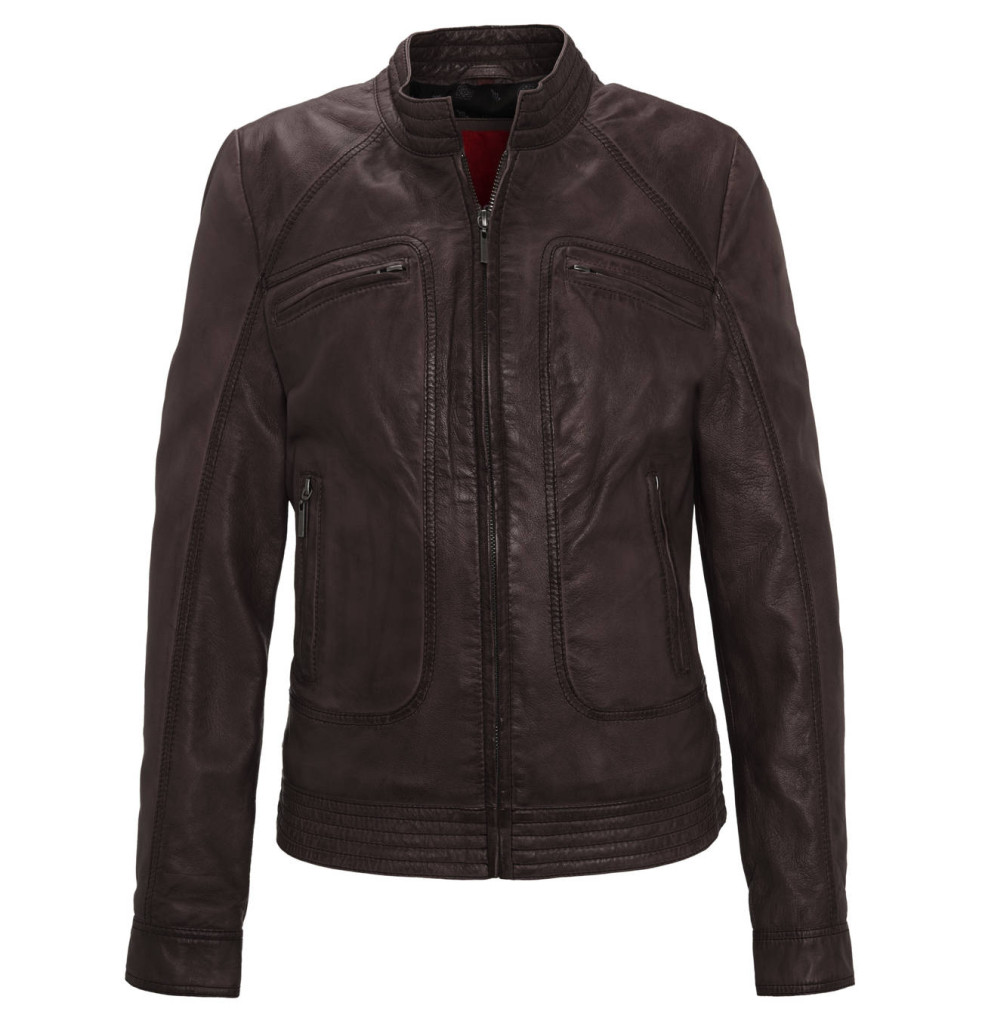 Biker-Jacke aus Leder in Dunkelbraun, auch in Schwarz und Beere-Farbe erhlätlich, Manguun, 53 Euro (reduziert), in vielen Größen erhältlich.