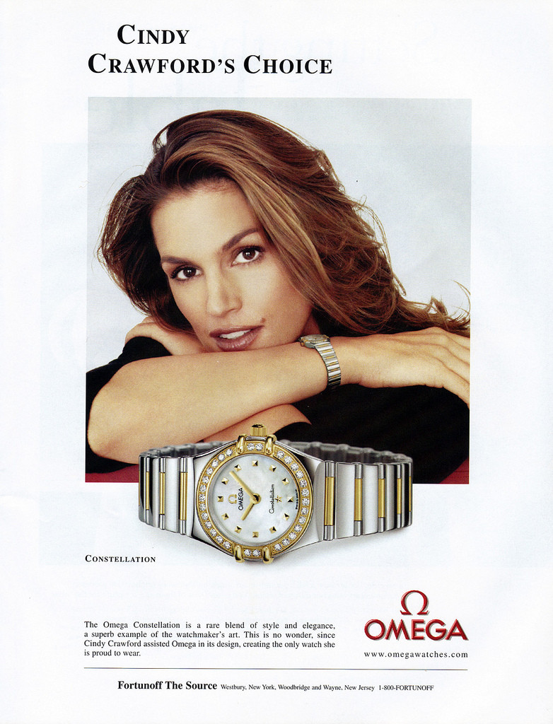 Синди Кроуфорд в рекламе модели часов Omega "Constellation". Источник: http://www.bwgreyscale.com