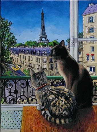 Две кошки смотрят на Эйфелеву башню в Париже. Художник: Иси Охоа (Isy Ochoa).