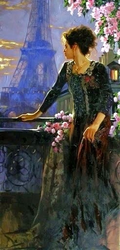 Женщина смотрит с балкона на Эйфелеву башню. Художник: Ричард Джонсон (Richard S. Johnson).